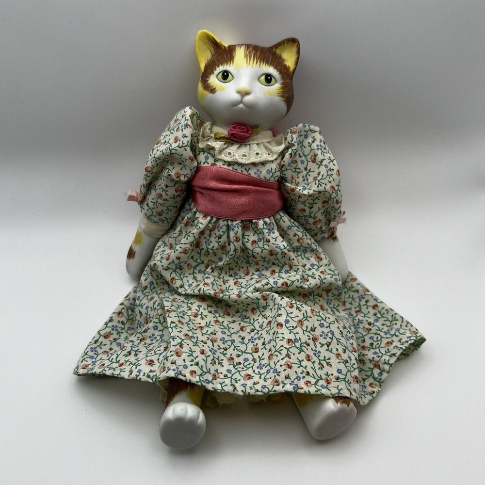 Vintage Hallmark Porcelain Cat Doll Calico Kitty Victorian Floral Dress 1989
